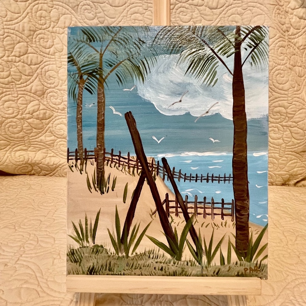Beach/Sand Fence/Palm Acrylic Painting 8 x 10